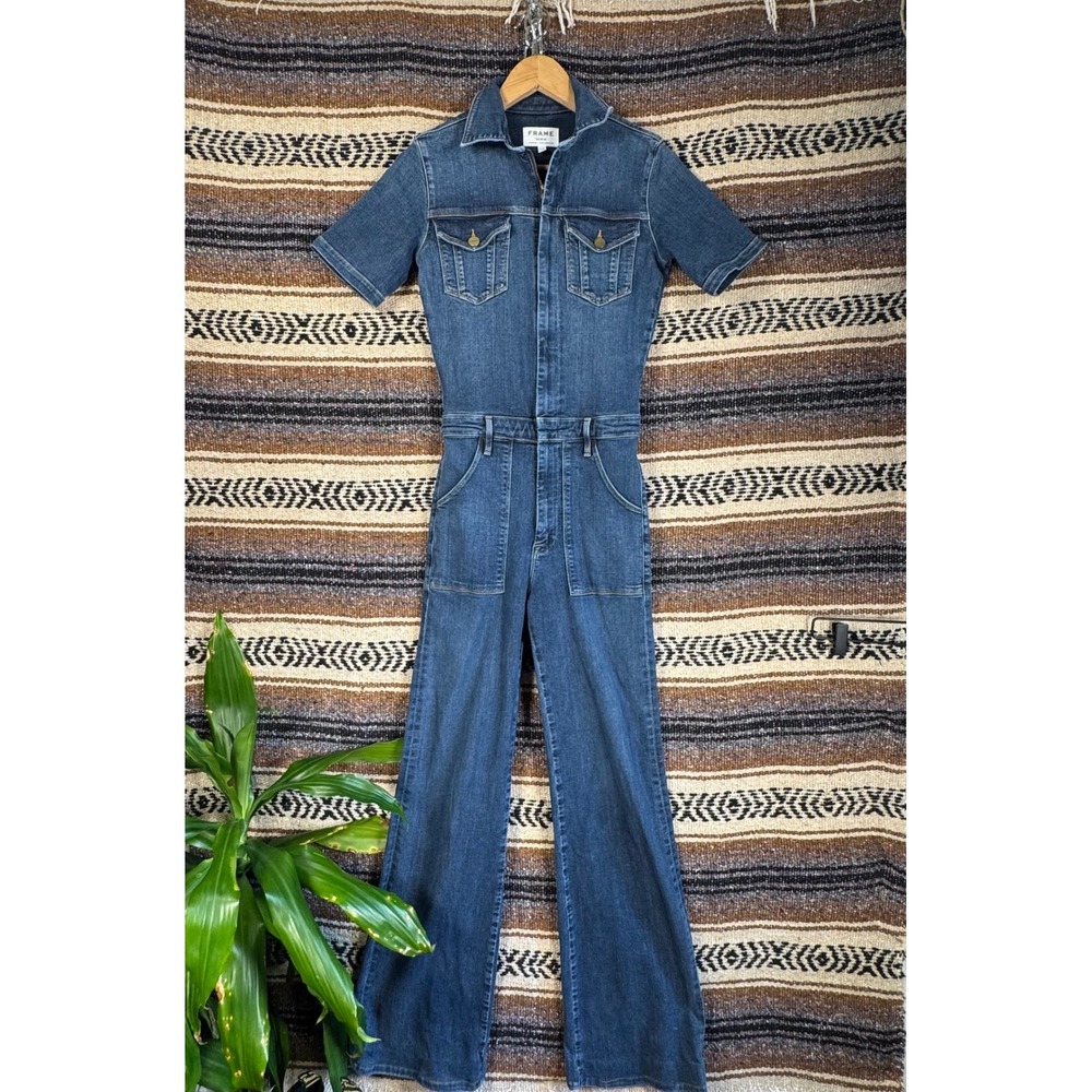 FRAME Denim Lamarr Short Sleeve Flare Leg Jumpsuit Blue Indigo XS LMFJ8214